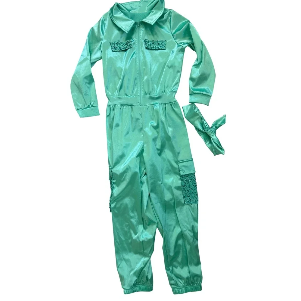 Weissman Kids Mint‎ Green Sequin Satin Jazz Dance Jumpsuit Costume Headband IC